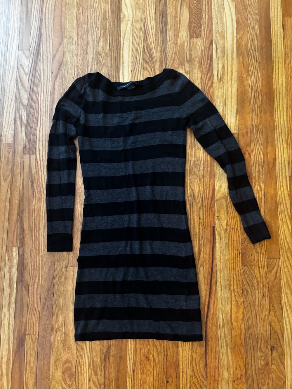 French Connection Black and Charcoal Striped Long Sleeve Knit Dress